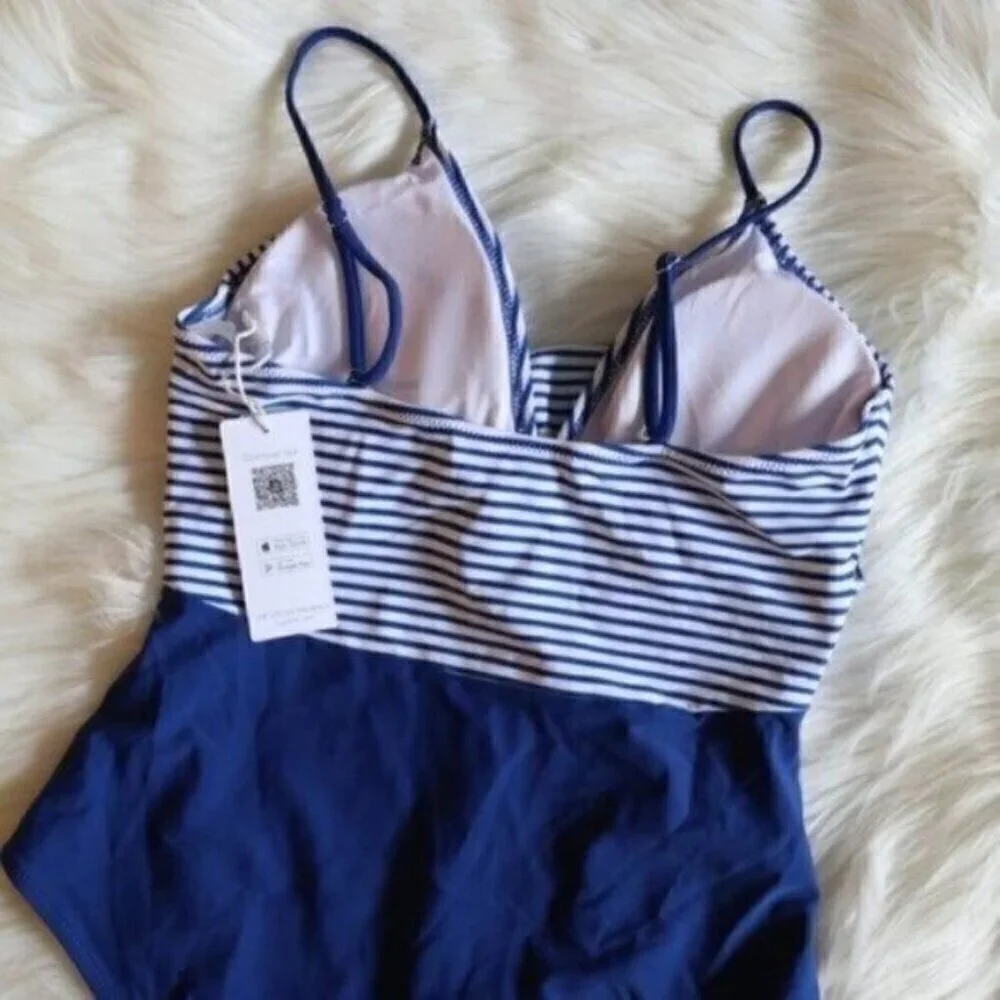 NWT Blue One Piece Bathing Suit Size XXL White Stripe Print